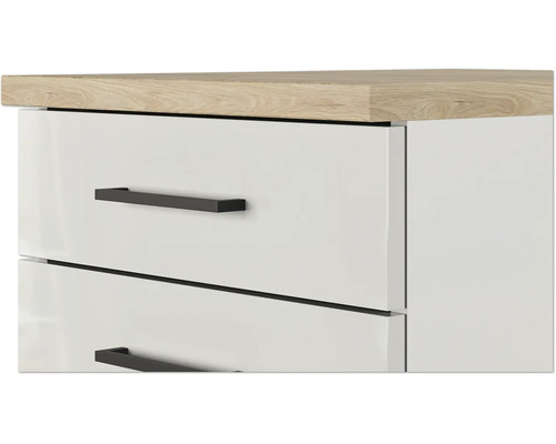 Moderner Schrank mit zwei Schubladen, Hochglanzfront, schwarzen Griffen und einer Oberplatte in Holzoptik.