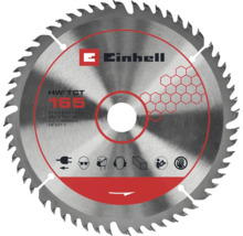 Einhell Hartmetall-Kreissägeblatt mit 165 Millimeter Durchmesser und 56 Zähnen, Einhell Logo sowie Sicherheitssymbole für Schutzbekleidung.