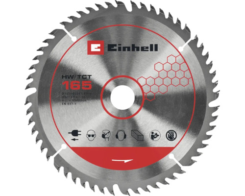 Einhell Hartmetall-Kreissägeblatt mit 165 Millimeter Durchmesser und 56 Zähnen, Einhell Logo sowie Sicherheitssymbole für Schutzbekleidung.