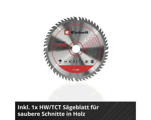 Einhell Kreissägeblatt aus Hartmetall mit 165 Millimeter Durchmesser für saubere Schnitte in Holz.