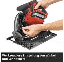 Handkreissäge mit werkzeugloser Einstellung von Winkel und Schnitttiefe.