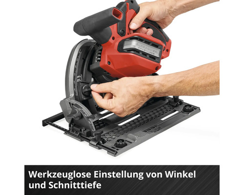 Handkreissäge mit werkzeugloser Einstellung von Winkel und Schnitttiefe.