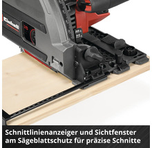 Einhell Tauchsäge mit Schnittlinienanzeiger und Sichtfenster am Sägeblattschutz für präzise Schnitte in Holz.