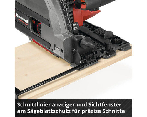 Einhell Tauchsäge mit Schnittlinienanzeiger und Sichtfenster am Sägeblattschutz für präzise Schnitte in Holz.
