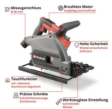 Einhell Tauchkreissäge mit bürstenlosem Motor, Absauganschluss 36 Millimeter, Aluminium-Sägetisch und werkzeugloser Einstellung von Tiefe und Winkel.