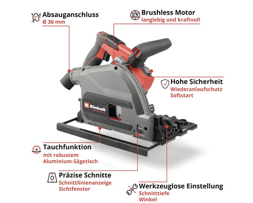 Einhell Tauchkreissäge mit bürstenlosem Motor, Absauganschluss 36 Millimeter, Aluminium-Sägetisch und werkzeugloser Einstellung von Tiefe und Winkel.