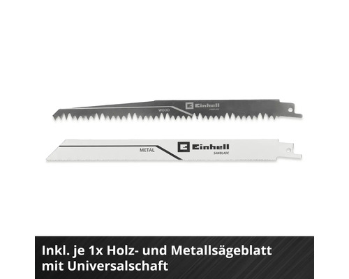 Einhell Sägeblatt-Set für Säbelsägen, inklusive je einem Holz- und Metallsägeblatt mit Universalschaft.