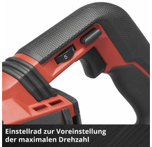 Nahaufnahme eines Griffs eines Elektrowerkzeugs mit Einstellrad zur Voreinstellung der maximalen Drehzahl.