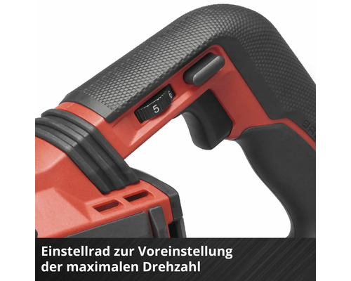 Nahaufnahme eines Griffs eines Elektrowerkzeugs mit Einstellrad zur Voreinstellung der maximalen Drehzahl.