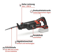 Einhell Säbelsäge, 1.300 Watt, Drehzahlelektronik, Pendelhub, werkzeugloser Sägeblattwechsel, 300 Millimeter Schnitttiefe in Holz.
