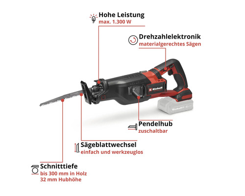 Einhell Säbelsäge, 1.300 Watt, Drehzahlelektronik, Pendelhub, werkzeugloser Sägeblattwechsel, 300 Millimeter Schnitttiefe in Holz.