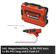Einhell Magazinaufsatz Set inklusive einem kurzen und einem langen PH2 Bit sowie dem E-Case S-F Transportkoffer.