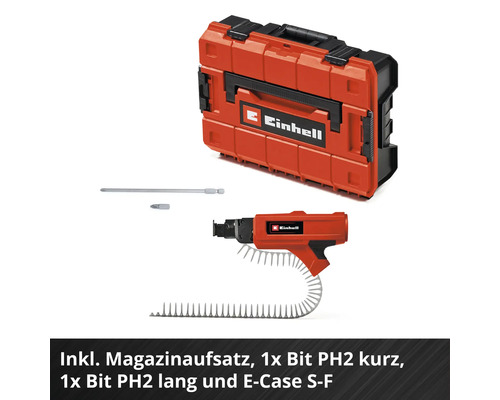 Einhell Magazinaufsatz Set inklusive einem kurzen und einem langen PH2 Bit sowie dem E-Case S-F Transportkoffer.