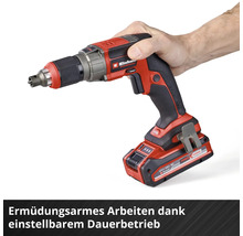 Einhell kabelloser Trockenbauschrauber mit Power X-Change Akkumulator und einstellbarem Dauerbetrieb für ermüdungsarmes Arbeiten.