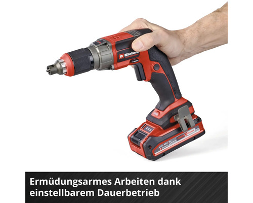 Einhell kabelloser Trockenbauschrauber mit Power X-Change Akkumulator und einstellbarem Dauerbetrieb für ermüdungsarmes Arbeiten.