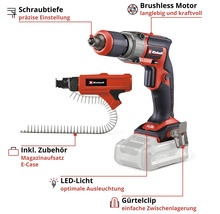 Einhell Akku-Trockenbauschrauber mit bürstenlosem Motor, einstellbarer Schraubtiefe, Magazinaufsatz, LED-Licht, Gürtelclip und Einhell Logo.
