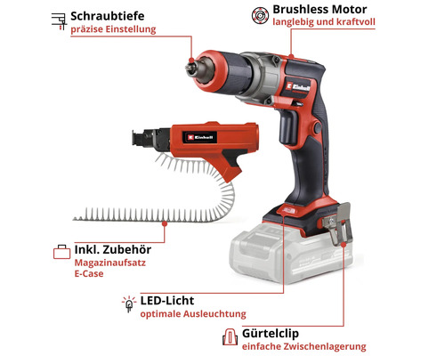 Einhell Akku-Trockenbauschrauber mit bürstenlosem Motor, einstellbarer Schraubtiefe, Magazinaufsatz, LED-Licht, Gürtelclip und Einhell Logo.