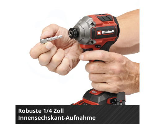 Einhell Akku-Schlagschrauber mit robuster 1/4 Zoll Innensechskant-Aufnahme und Bit.