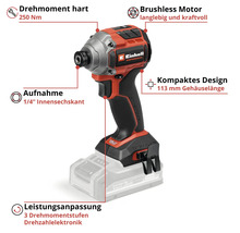 Einhell Akku-Schlagschrauber Professional mit bürstenlosem Motor, 250 Newtonmeter Drehmoment, 1/4 Zoll Innensechskant und 3 Drehmomentstufen.