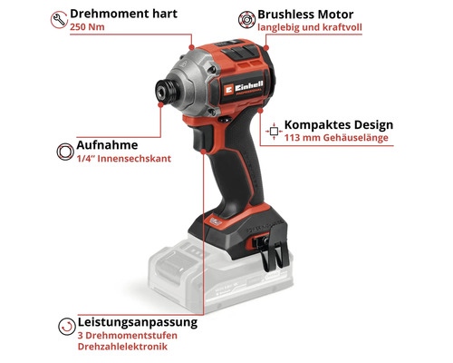 Einhell Akku-Schlagschrauber Professional mit bürstenlosem Motor, 250 Newtonmeter Drehmoment, 1/4 Zoll Innensechskant und 3 Drehmomentstufen.