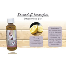 Saunaduft Lemongras, 250 Milliliter Flasche mit vitalisierender Wirkung, Anwendungshinweisen und Gefahrenhinweisen.