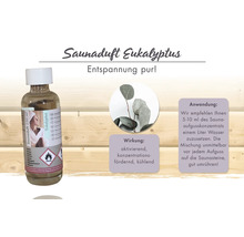 Saunaduft Eukalyptus 250 Milliliter Flasche mit Anwendungshinweisen und kühlender, aktivierender Wirkung.