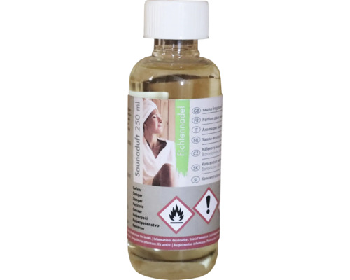 250 Milliliter Flasche Saunaduft Fichtennadel mit Gefahrensymbolen für entzündbar und reizend auf dem Etikett.