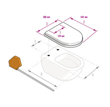 Skizze eines WC-Sitzes und einer Toilette mit Maßangaben: Breite 368 Millimeter, Länge 432 Millimeter und Lochabstand 170 Millimeter.