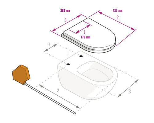 Skizze eines WC-Sitzes und einer Toilette mit Maßangaben: Breite 368 Millimeter, Länge 432 Millimeter und Lochabstand 170 Millimeter.