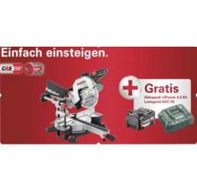 Metabo Kapp- und Gehrungssäge mit gratis Akkupack LiPower 4,0 Amperestunden und Ladegerät ASC 55. CAS Logo und 3 Jahre Garantie Symbol.