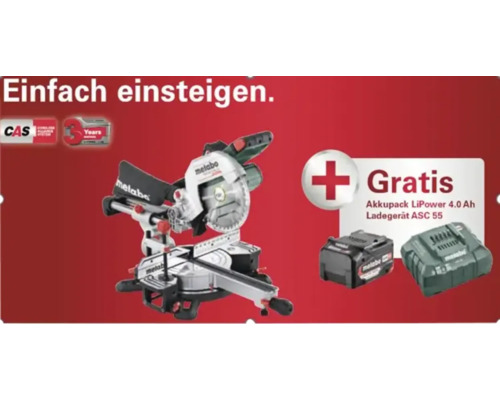 Metabo Kapp- und Gehrungssäge mit gratis Akkupack LiPower 4,0 Amperestunden und Ladegerät ASC 55. CAS Logo und 3 Jahre Garantie Symbol.