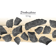 Diabas-Saunasteine im 12 Kilogramm Paket, verschiedene Formen und Größen aus grauem Naturstein.