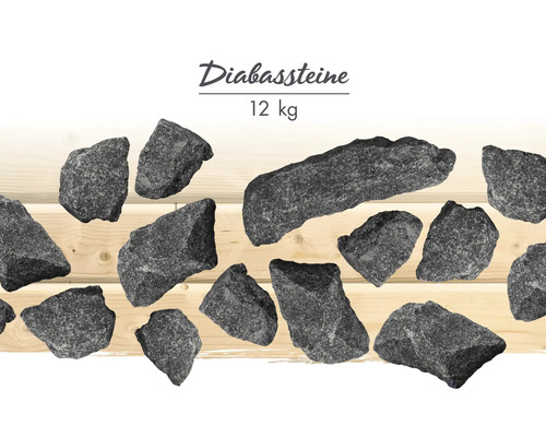 Diabas-Saunasteine im 12 Kilogramm Paket, verschiedene Formen und Größen aus grauem Naturstein.
