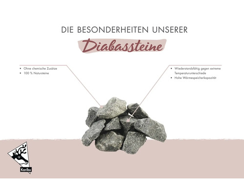 Karibu Logo. Diabassteine für die Sauna, 100 Prozent Naturstein, ohne chemische Zusätze, temperaturbeständig mit hoher Wärmespeicherkapazität.