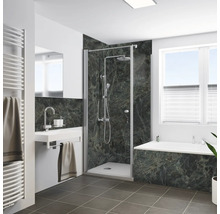 Modernes Badezimmer mit Dusche, Duschabtrennung, Badewanne und Waschbecken mit dunklen Marmoroptik Wandverkleidungen.