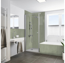 Modernes Badezimmer mit Eckduschkabine, Armaturen, Waschbecken und Badewanne, ausgestattet mit grünen Wandpaneelen für eine stilvolle Gestaltung.