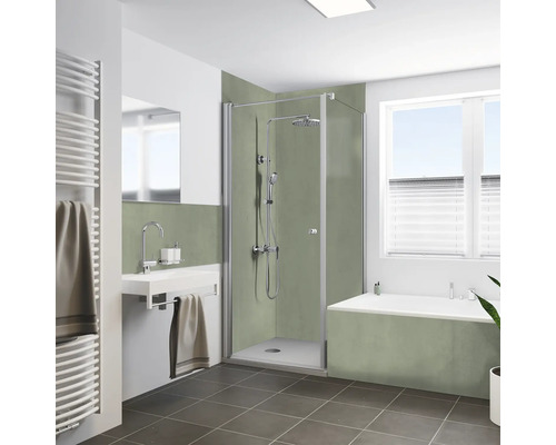 Modernes Badezimmer mit Eckduschkabine, Armaturen, Waschbecken und Badewanne, ausgestattet mit grünen Wandpaneelen für eine stilvolle Gestaltung.