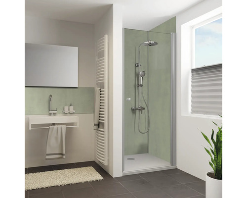 Modernes Badezimmer mit Dusche, Duschabtrennung, Armaturen und Waschtisch sowie Wandverkleidung in Natursteinoptik.