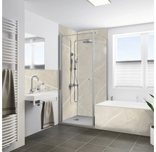 Modernes Badezimmer mit Eckdusche, Duschsystem, Waschbecken und Badewanne, verkleidet mit beigen Marmoroptik-Paneelen und dunklem Bodenfliesen.