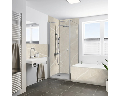 Modernes Badezimmer mit Eckdusche, Duschsystem, Waschbecken und Badewanne, verkleidet mit beigen Marmoroptik-Paneelen und dunklem Bodenfliesen.
