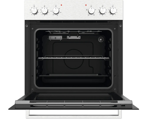 Einbaubackofen mit geöffneter Tür, Innenraum mit einem Backrost und einem Backblech, Bedienfeld mit sechs Drehreglern.