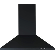Schwarze Wand-Dunstabzugshaube in Pyramidenform mit Kamin und fünf Bedientasten.