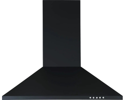 Schwarze Wand-Dunstabzugshaube in Pyramidenform mit Kamin und fünf Bedientasten.