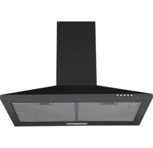 Wand-Dunstabzugshaube in Schwarz mit Metallfettfiltern und Druckknöpfen.
