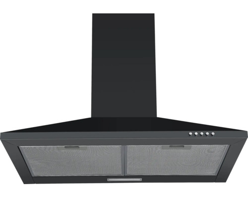 Wand-Dunstabzugshaube in Schwarz mit Metallfettfiltern und Druckknöpfen.