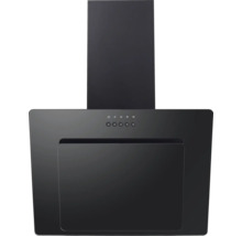 Kopffreie Wandhaube in Schwarz mit Kamin und Drucktasten-Bedienung.