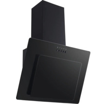 Wand-Dunstabzugshaube kopffrei, schwarz, mit Drucktasten und Kamin.