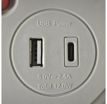 USB-Stromanschluss mit USB-Typ-A- und USB-Typ-C-Buchse, 5,0 Volt, 2,4 Ampere, insgesamt 12,0 Watt.