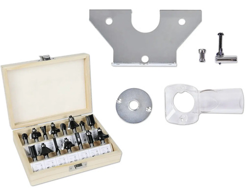 Oberfräser-Set in einer Holzkiste mit Zubehör aus Metall und Kunststoff.