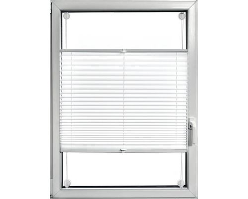 Weißes Plissee an einem Fenster montiert, stufenlos verstellbar als Sichtschutz und Sonnenschutz.